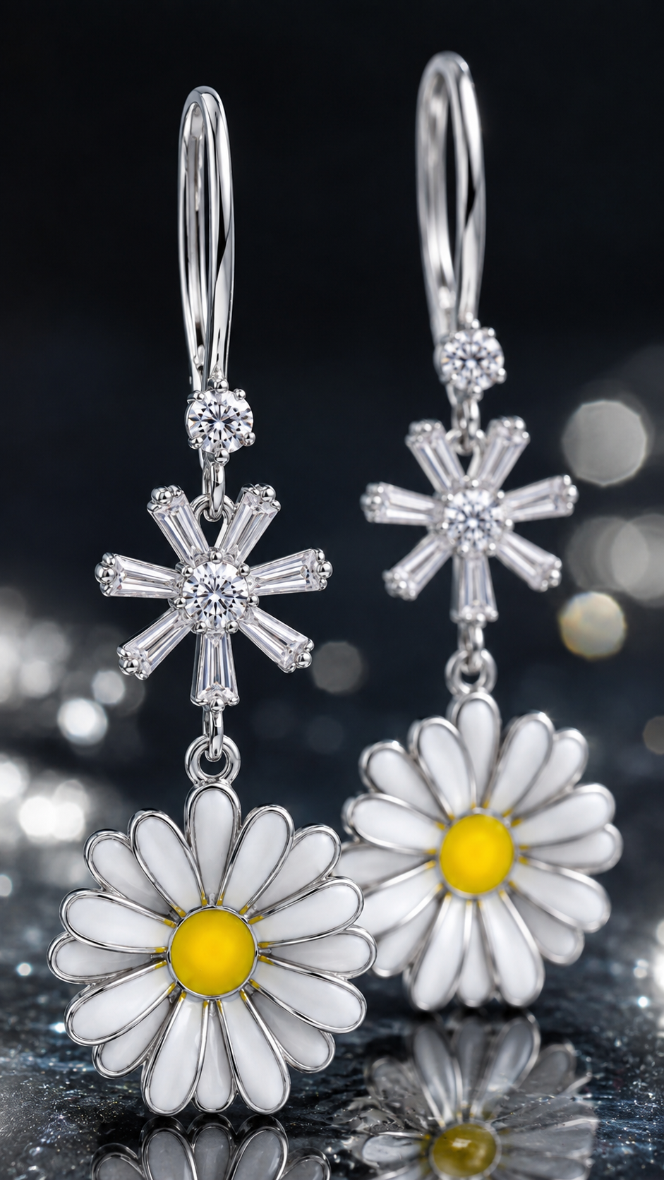 Elegant 925 Sterling Silver Daisy Flower CZ Drop Earrings with White Enamel Petals & Yellow Center for Women