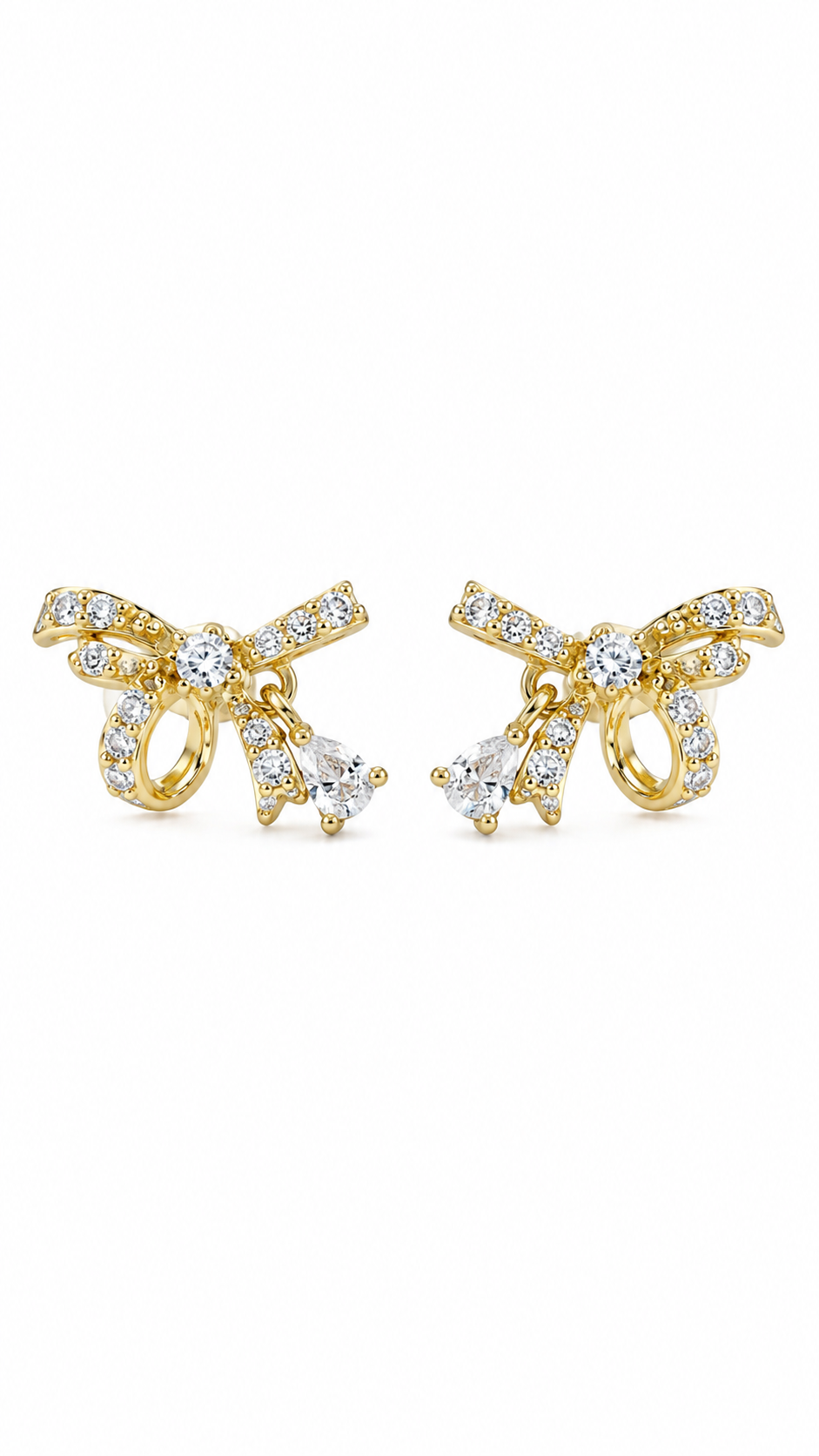 Gold-Plated CZ Bow Knot Drop Stud Earrings for Women