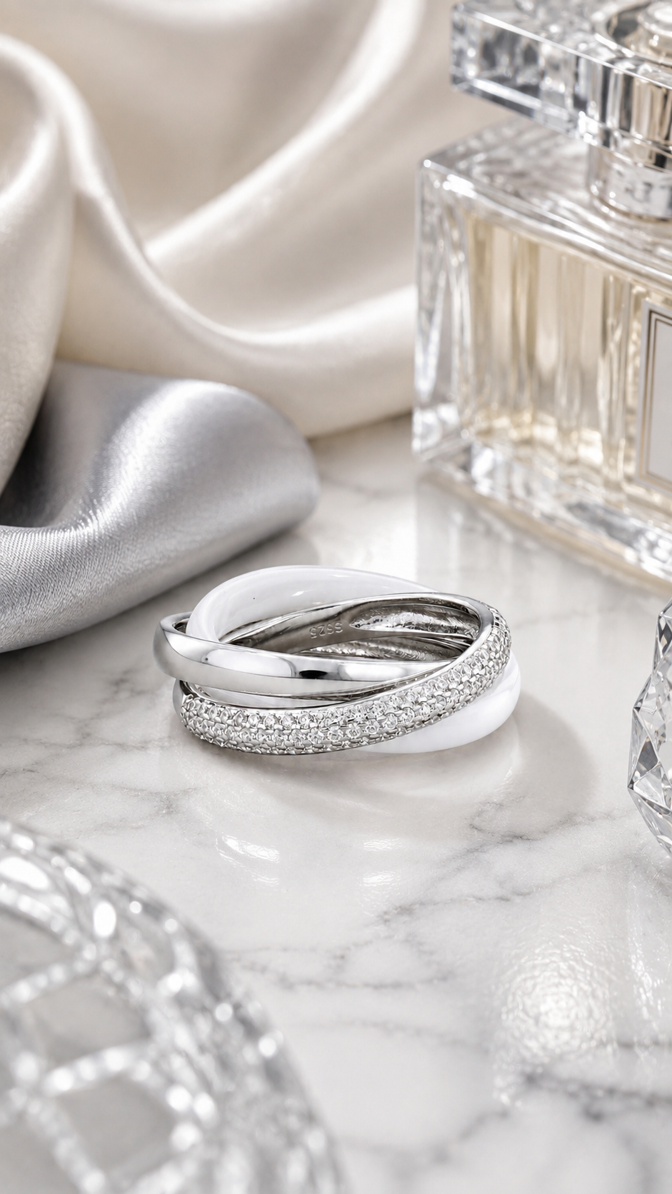 Triple Band White Ceramic Interlocking Ring
