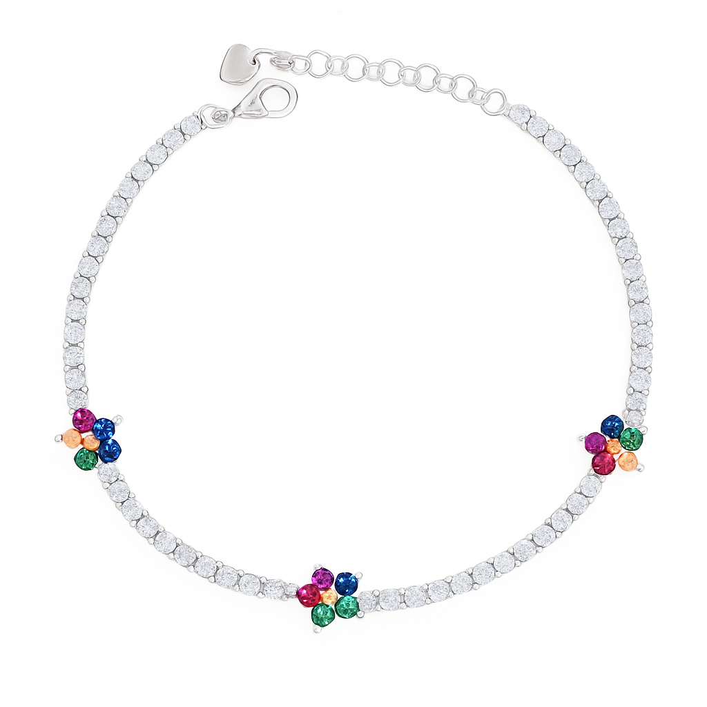 Silver CZ Tennis Bracelet with Multicolour Floral Charms