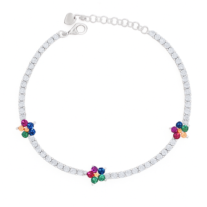 Silver CZ Tennis Bracelet with Multicolour Floral Charms