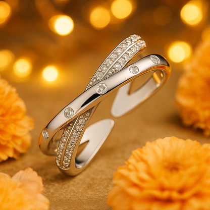 Trendy Criss-Cross Silver Ring with Crystal Detailing