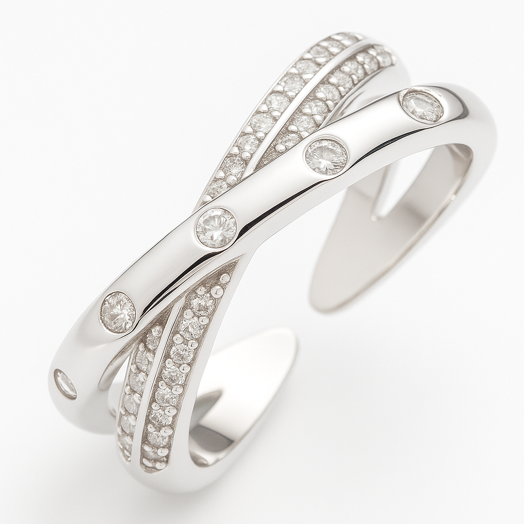 Trendy Criss-Cross Silver Ring with Crystal Detailing