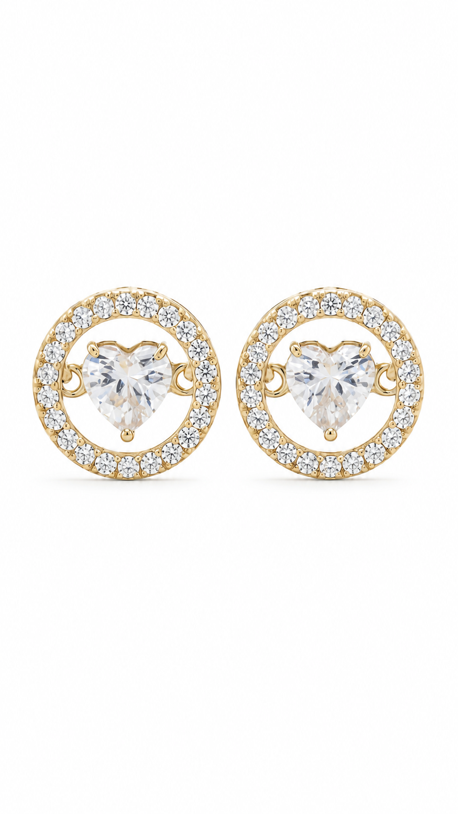 Elegant Gold Open Circle Heart Crystal Halo Stud Earrings