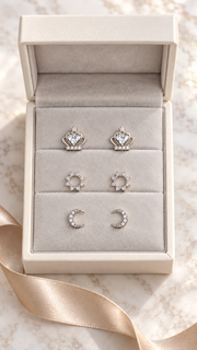 Heart Crown,Sunburst Moon Stud Earrings 3 Pairs - Aaryahi Silver jewellery product photo