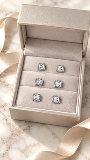 Princess Square Solitaire Stud Earrings Set – 3 Sizes - Aaryahi Silver jewellery product photo