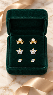Pearl Bow, Floral Solitaire Earrings Set - Aaryahi Silver jewellery product photo