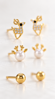 Reindeer, Pearl Antler & Ball Stud Earrings Set - Aaryahi Silver jewellery product photo