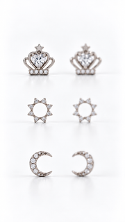 Heart Crown,Sunburst Moon Stud Earrings 3 Pairs - Aaryahi Silver jewellery product photo