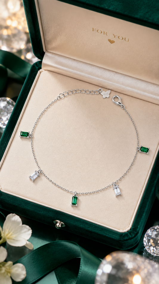 Green & White Baguette Charm Bracelet
