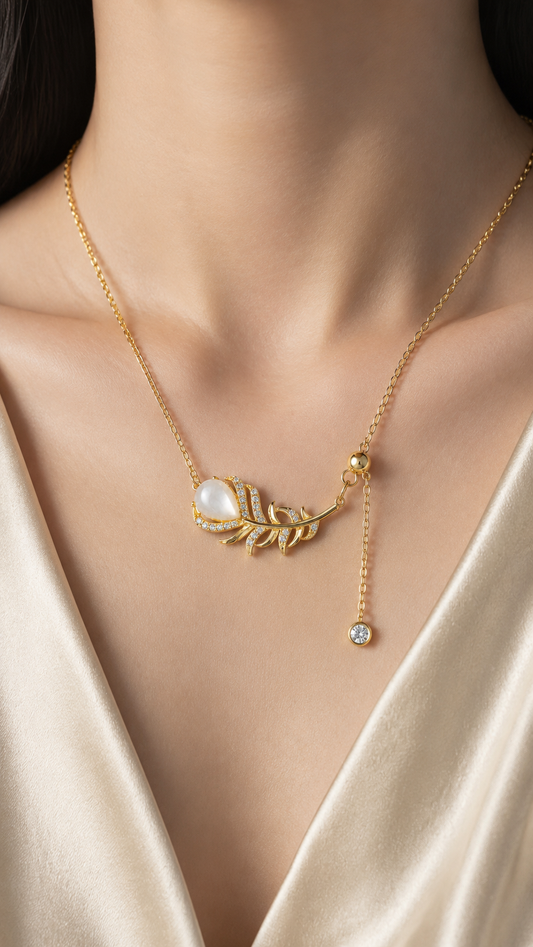Golden Feather Pearl Necklace