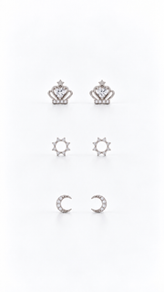 Heart Crown,Sunburst Moon Stud Earrings 3 Pairs - Aaryahi Silver jewellery product photo