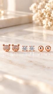 Teddy Bear, Solitaire Ball Earrings Set - Aaryahi Silver jewellery product photo