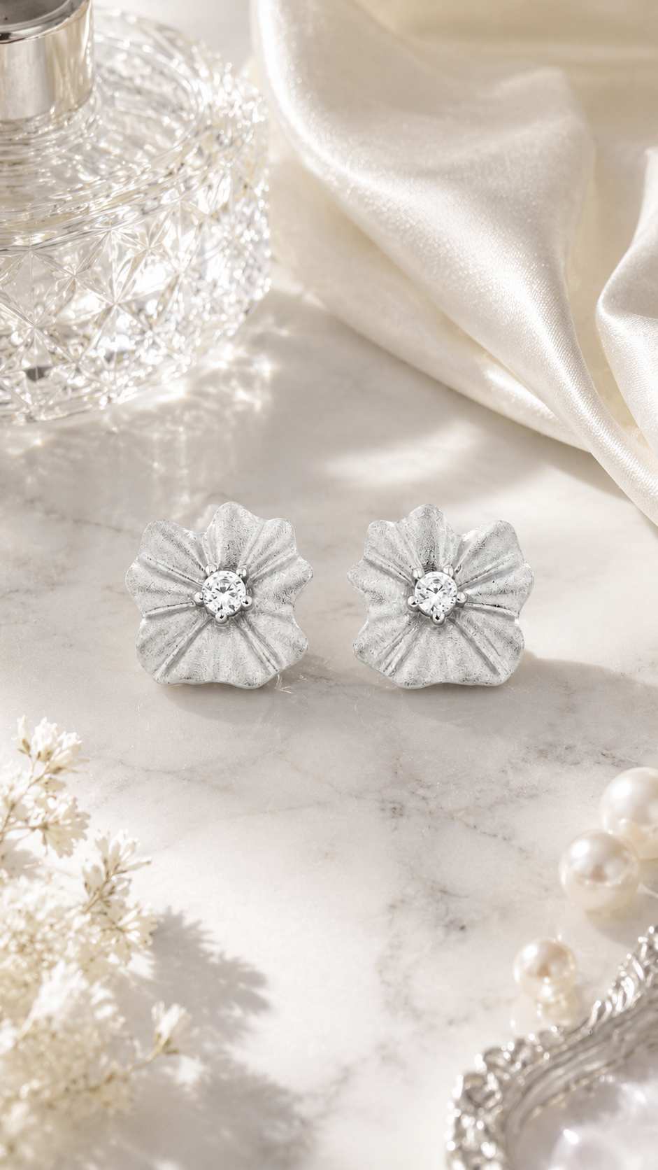 Elegant Silver Floral CZ Stud Earrings