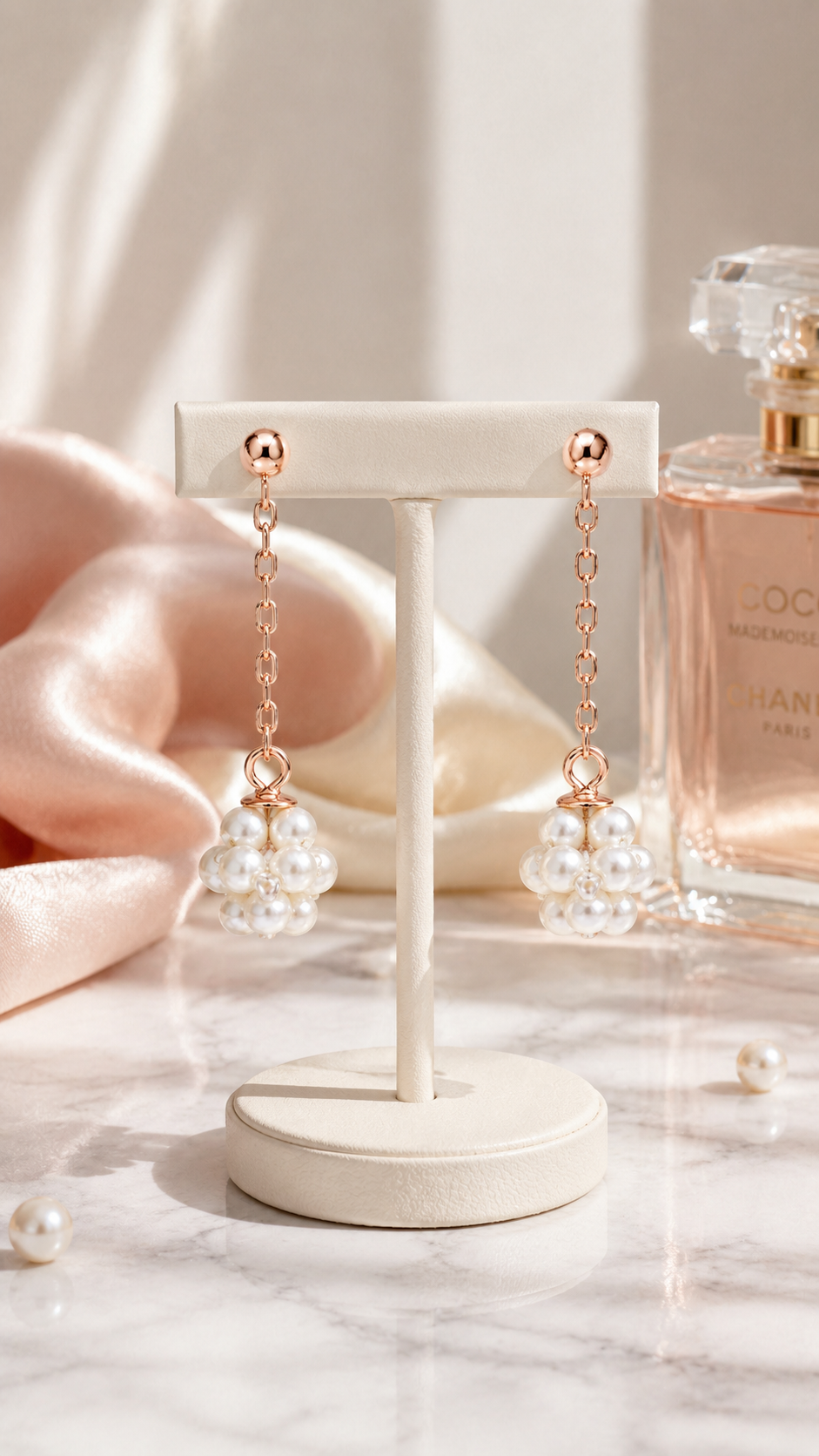 Elegant Rose Gold-Plated Pearl Cluster Chain Drop Earrings for Women