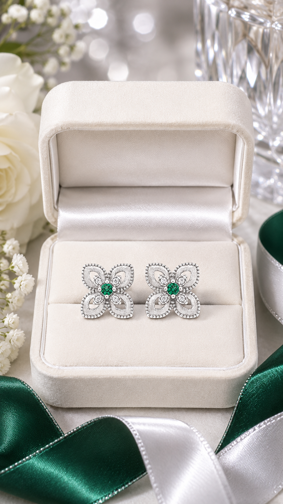 Floral Earrings with Green Stone