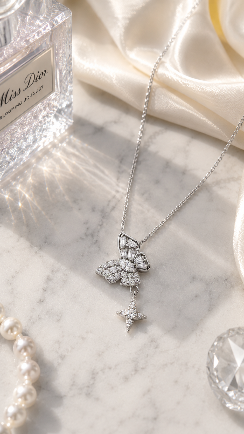 Silver Butterfly Drop Necklace