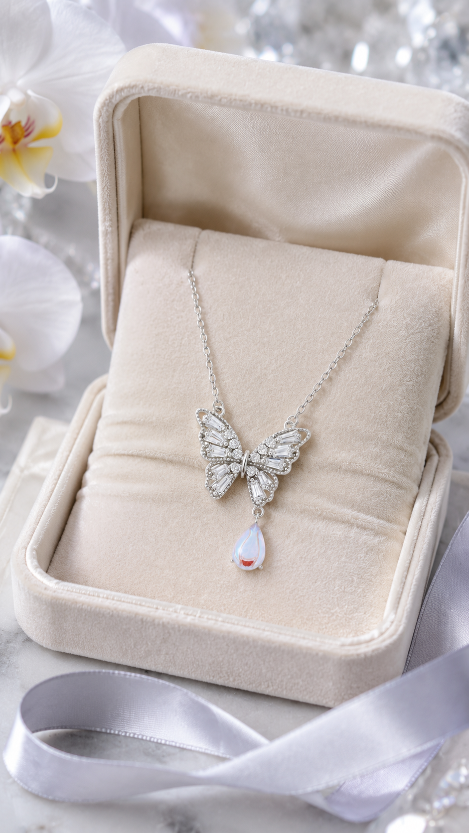 Elegant Silver Butterfly Opal Drop Pendant Necklace