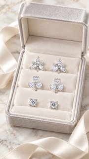 Marquise Floral Cluster, Three Leaf Clover Solitaire Stud Earrings Set – 3 Pairs - Aaryahi Silver jewellery product photo