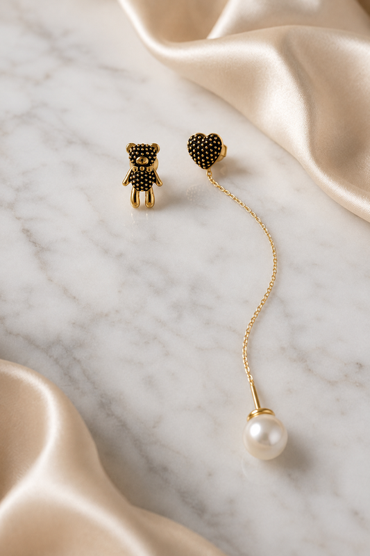 Teddy Bear & Heart Chain Earrings