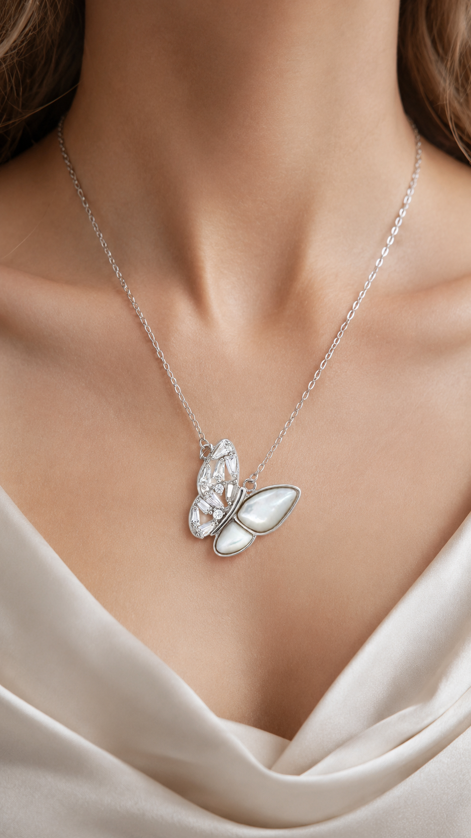 Elegant Silver Mother of Pearl & CZ Butterfly Pendant Necklace