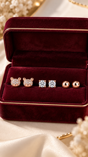 Teddy Bear, Solitaire Ball Earrings Set - Aaryahi Silver jewellery product photo
