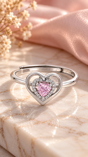Silver Pink CZ Double Heart Adjustable Ring
