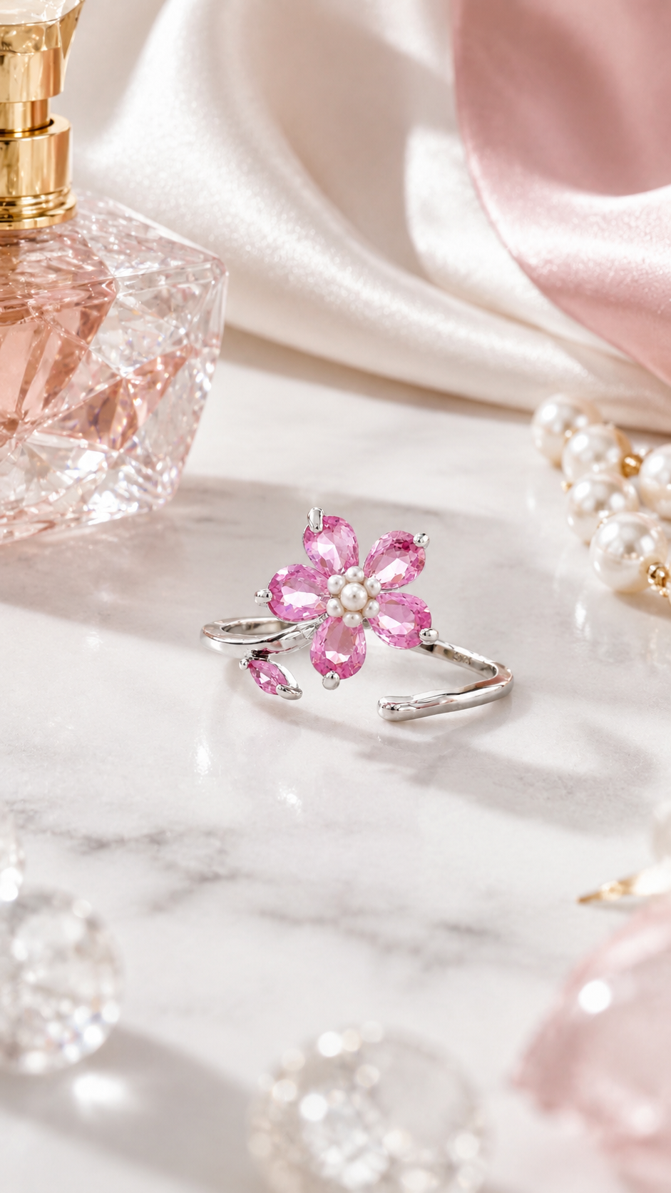 Pink Floral Pear-Cut Adjustable Open Ring