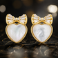 Elegant Gold Mother of Pearl Heart Bow Stud Earrings