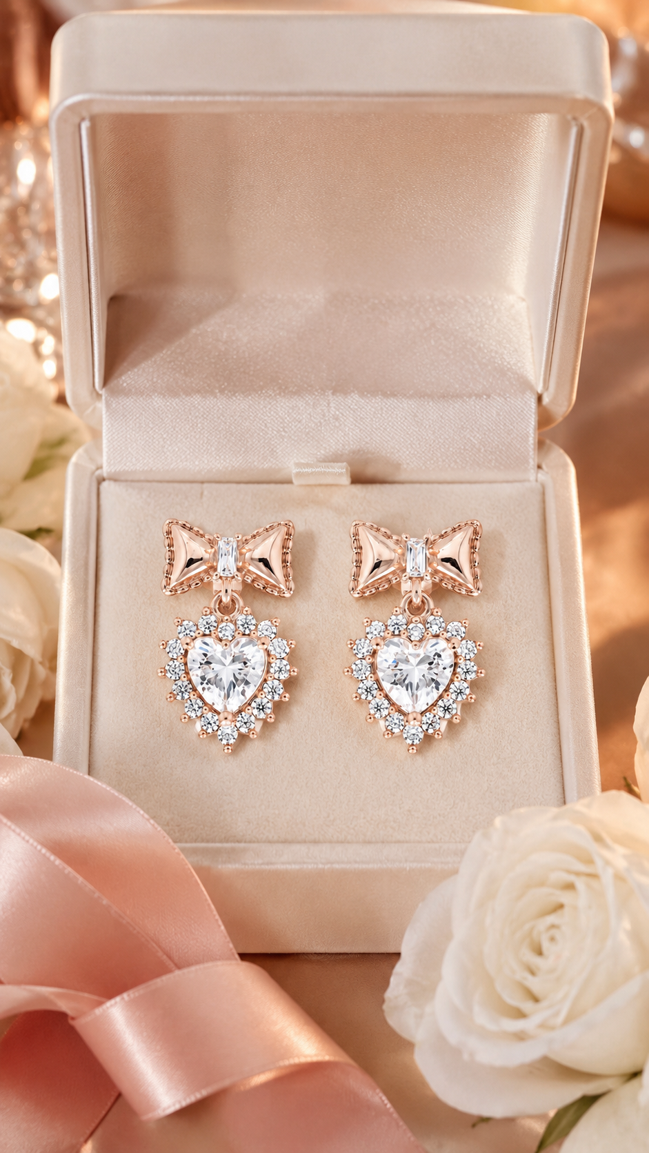 Rose Gold Bow Heart Halo CZ Drop Stud Earrings