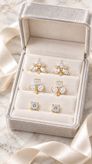 Marquise Floral Cluster, Three Leaf Clover Solitaire Stud Earrings Set – 3 Pairs - Aaryahi Silver jewellery product photo