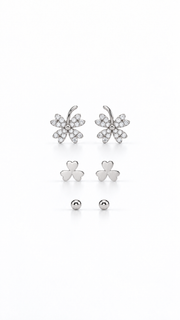 Heart Clover & Ball Stud Earrings Set - Aaryahi Silver jewellery product photo