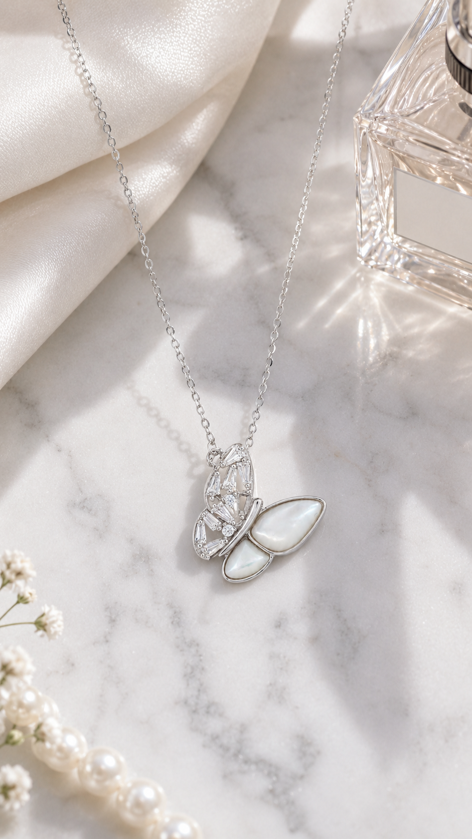 Elegant Silver Mother of Pearl & CZ Butterfly Pendant Necklace