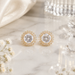 Gold Round CZ Baguette Halo Stud Earrings for Women
