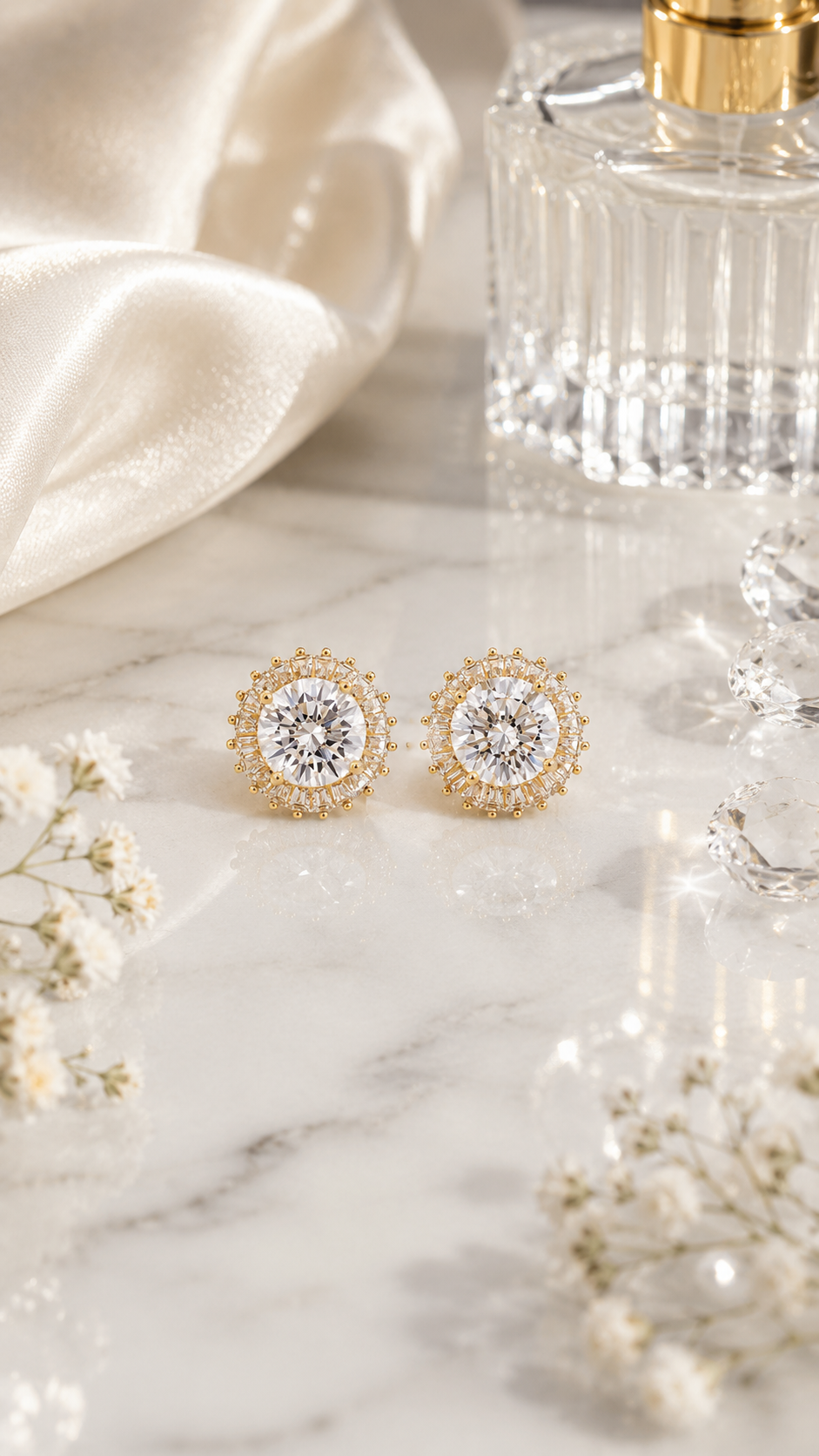 Gold Round CZ Baguette Halo Stud Earrings for Women