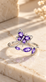 Silver CZ Butterfly Floral Ring