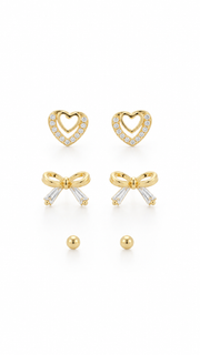 Gold CZ Heart, Bow & Ball Stud Earrings Set - Aaryahi Silver jewellery product photo