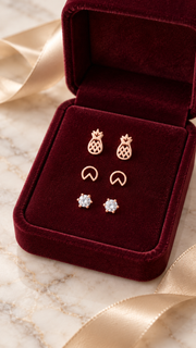 Pineapple, Geometric & Solitaire Stud Earrings Set - Aaryahi Silver jewellery product photo