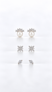 Pearl Crown, Floral Cluster Solitaire Stud Earrings Set – 3 Pairs - Aaryahi Silver jewellery product photo