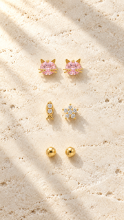 Pink Cat, CZ Star & Ball Stud Earrings Set - Aaryahi Silver jewellery product photo