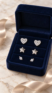 Heart, Star & Solitaire Stud Earrings Set - Aaryahi Silver jewellery product photo