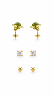 Green Planet Star, Solitaire Ball Earrings Set - Aaryahi Silver jewellery product photo