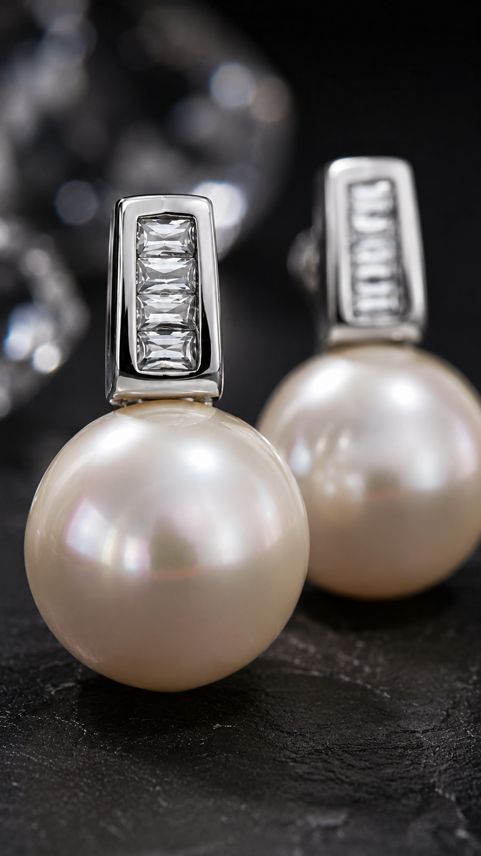 Silver Baguette CZ & Pearl Drop Stud Earrings for Women