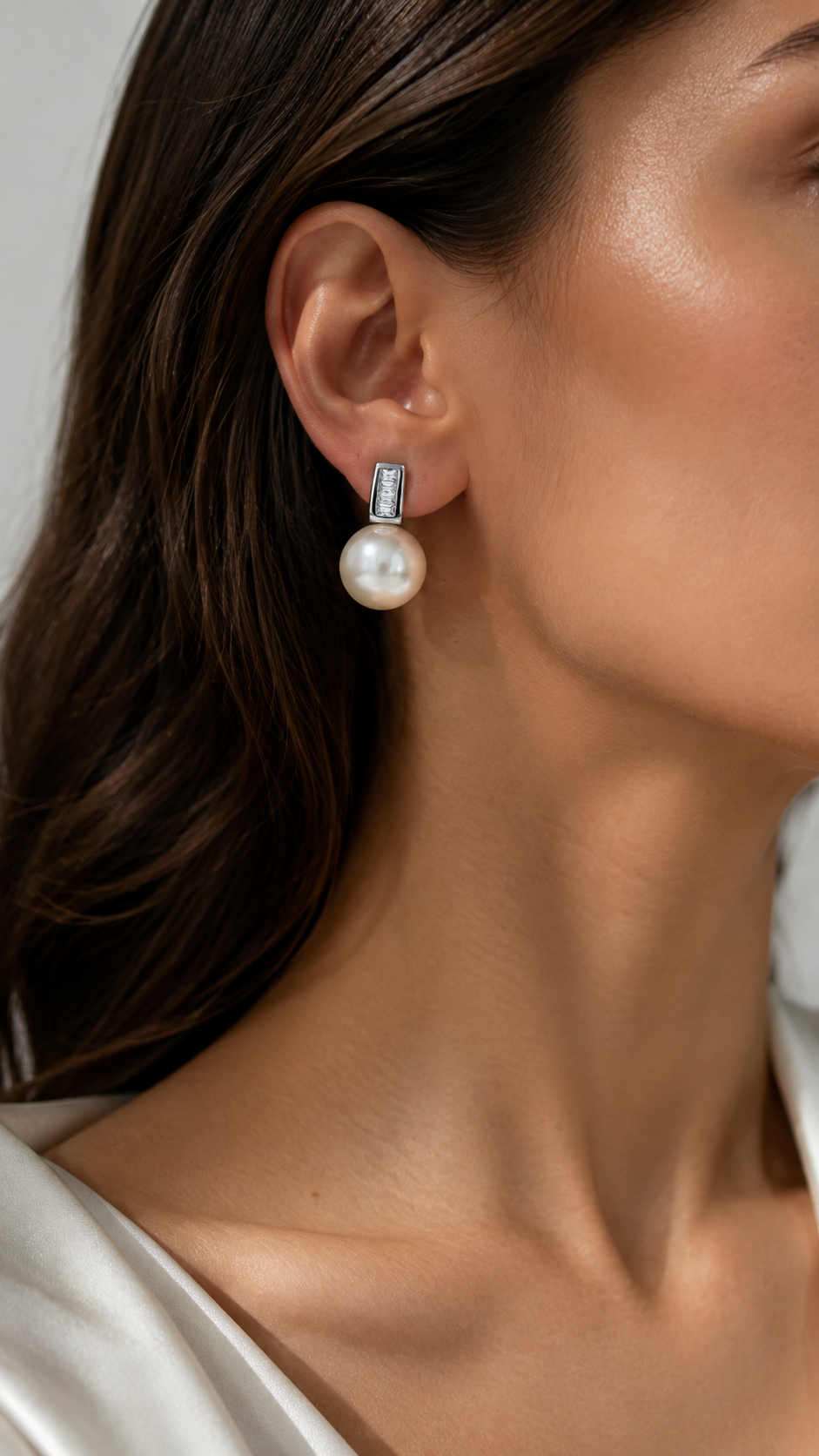 Silver Baguette CZ & Pearl Drop Stud Earrings for Women