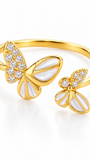 Gold Mother of Pearl CZ Butterfly Adjustable Ring