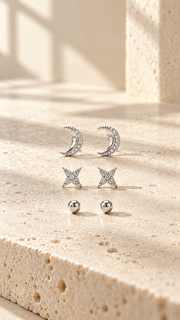Crescent Moon, Four Point Star Ball Earrings Set – 3 Pairs - Aaryahi Silver jewellery product photo
