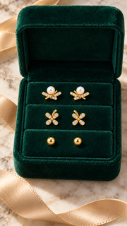 Pearl Floral,Ball Stud Earrings Set - Aaryahi Silver jewellery product photo