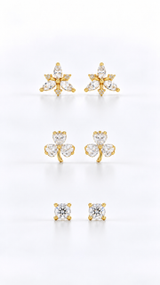 Marquise Floral Cluster, Three Leaf Clover Solitaire Stud Earrings Set – 3 Pairs - Aaryahi Silver jewellery product photo