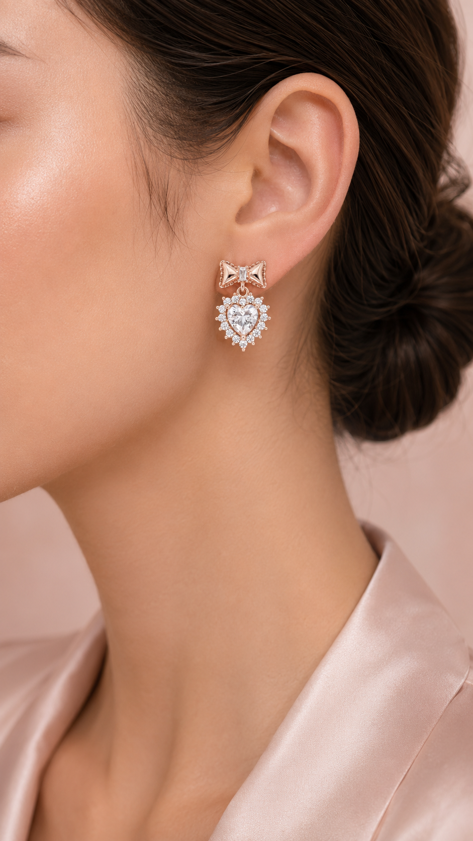 Rose Gold Bow Heart Halo CZ Drop Stud Earrings