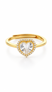 Gold CZ Heart Halo Adjustable Ring